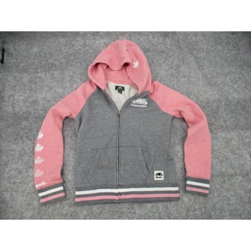 Roots Kids Sweatshirt Hoodie XXL 13 14 Years Pink Gray Pockets Zipper Casual